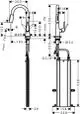 Hansgrohe Spültischmischer mit ausziehbarer Brause, zwei Strahlarten. Ansichten von vorne und seitlich mit Maßangaben für Installation und Nutzung.
